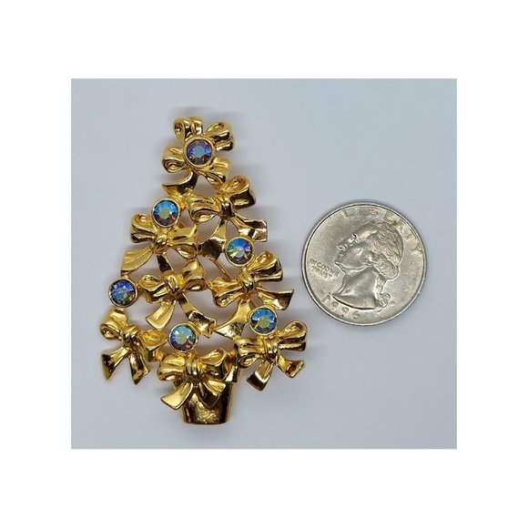 Avon Christmas Tree Pin Blue Aurora Borealis Rhinestones Bows Vintage - Picture 2 of 4